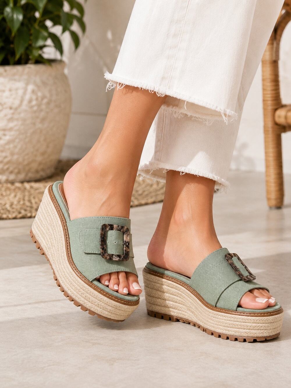 SAM EDELMAN LIVI, SOFT JADE LINEN WEDGE SIZE 7.5